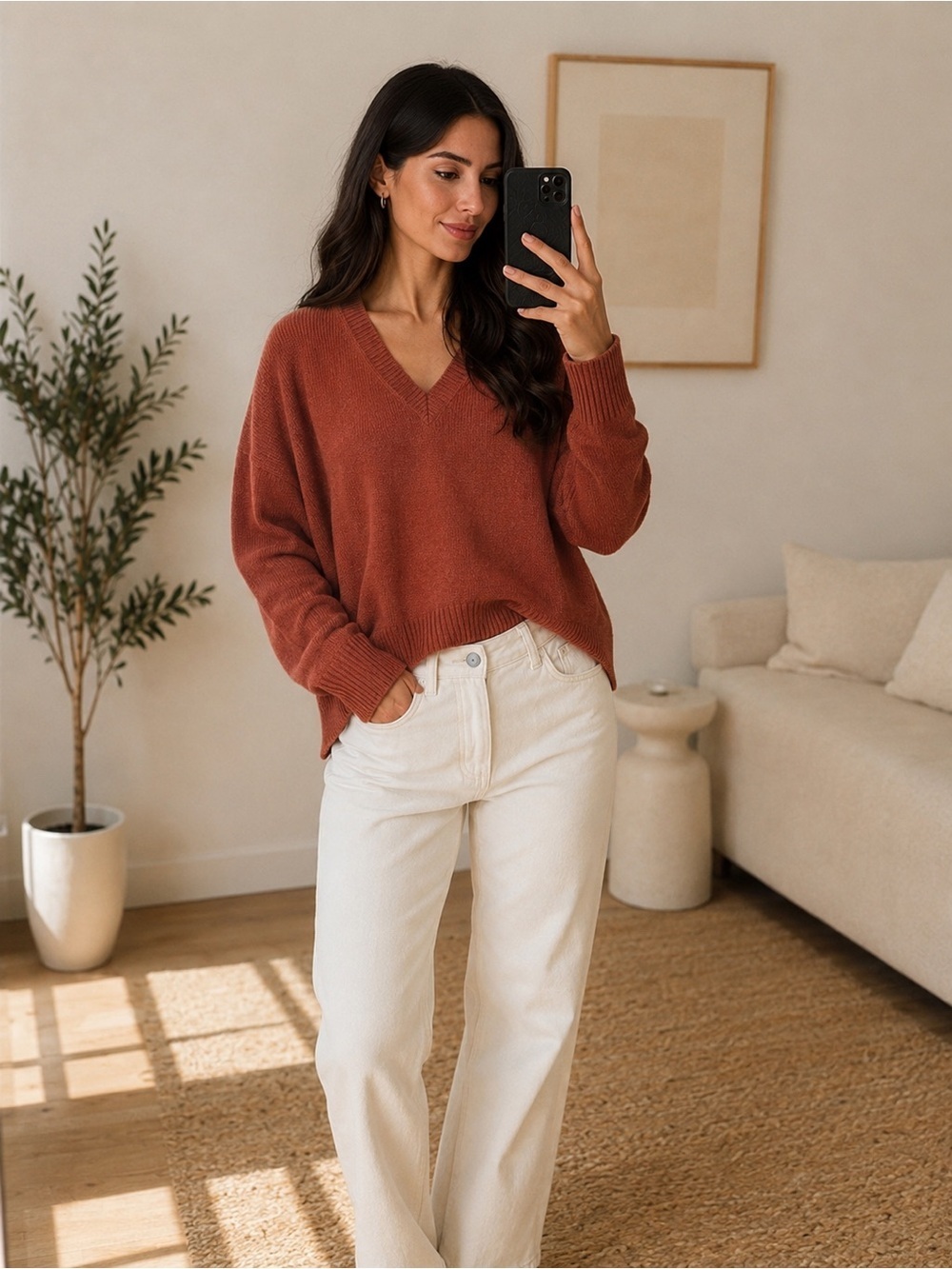 NWOT J.Crew Rust Brown Wool Blend Oversized V-Neck Sweater XS